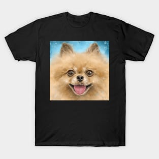 Painting of a Smiling Pomeranian Dog with Golden Fur on Blue Background T-Shirt